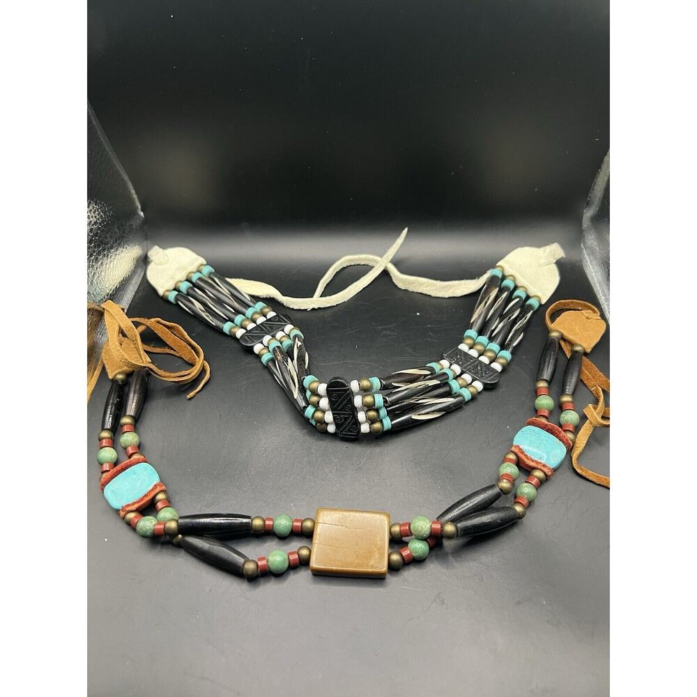Hand Made Tribal/ Native Leather Tied Necklaces/ Untested Beads Stone Wood Mix